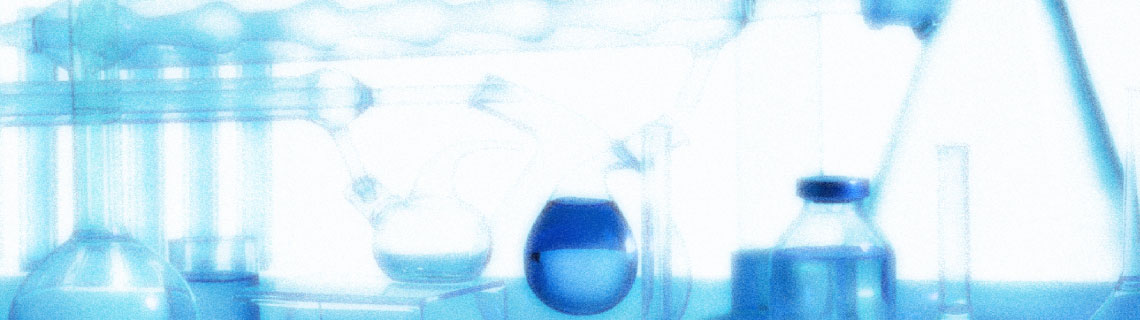 desaturated background image showing test tubes and flasks in a misted blue overlay